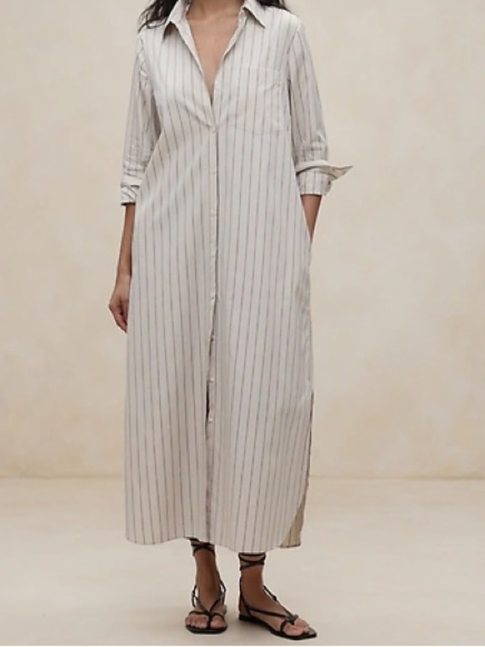Banana Republic Striped Cotton Poplin Maxi Shirtdress Cream Black Size S